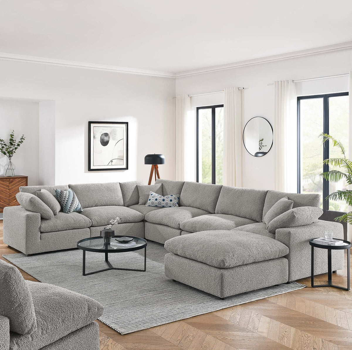 Commix Down Filled Overstuffed Boucle 7-Piece Sectional Sofa - Light Gray