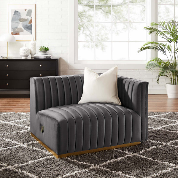 Conjure Channel Tufted Performance Velvet Right-Arm Chair - Gold Gray
