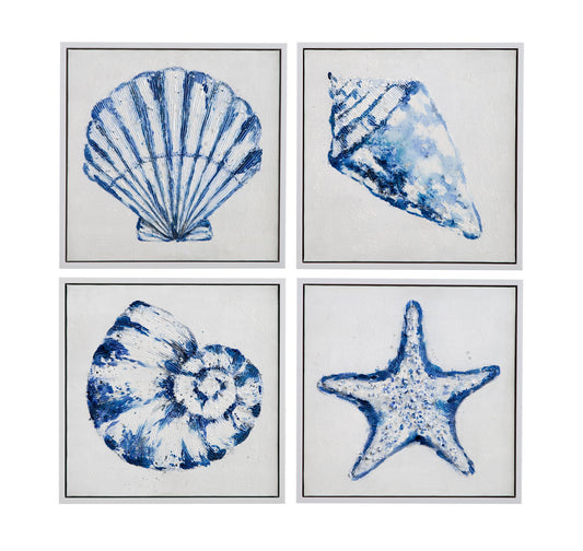 Shells Framed Canvas (Set of 4) - Blue / White