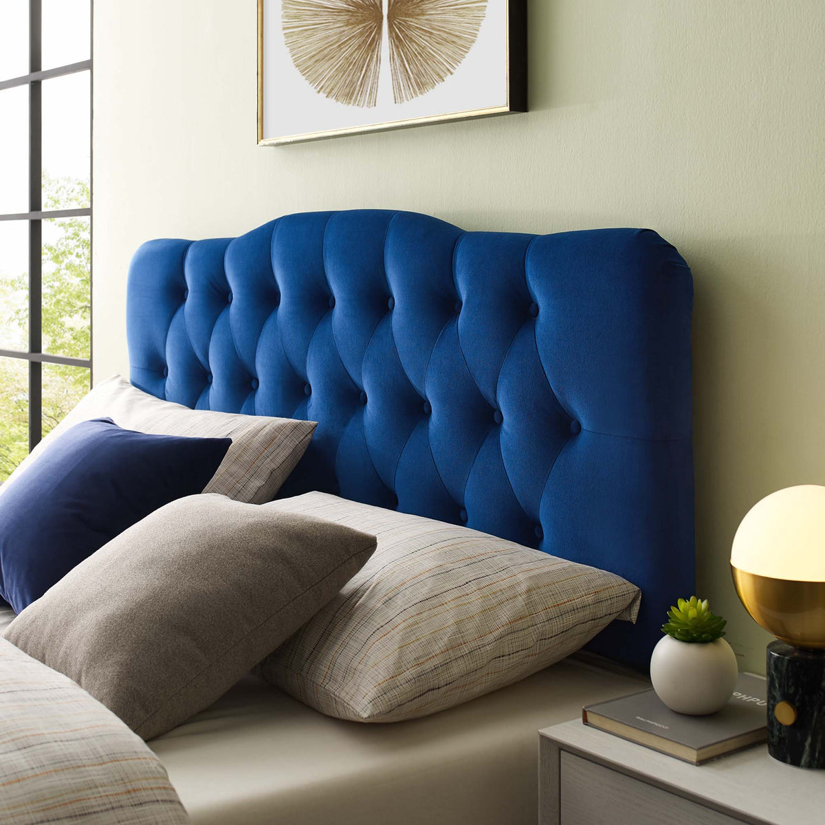 Annabel Diamond Tufted Performance Velvet Headboard - Queen, Navy