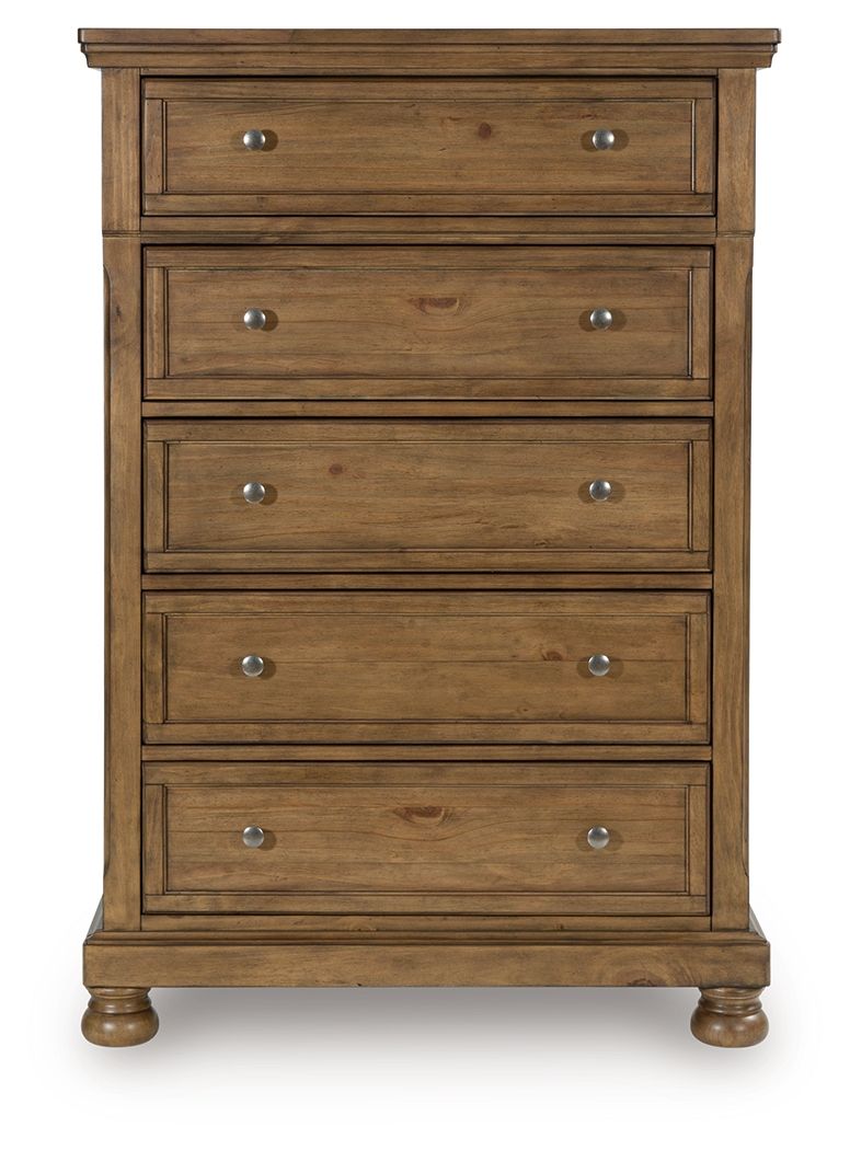 Feddinger - 5 Pc. - Queen Sleigh Storage Bed, Dresser, Mirror, Chest And Nightstand - Medium Brown