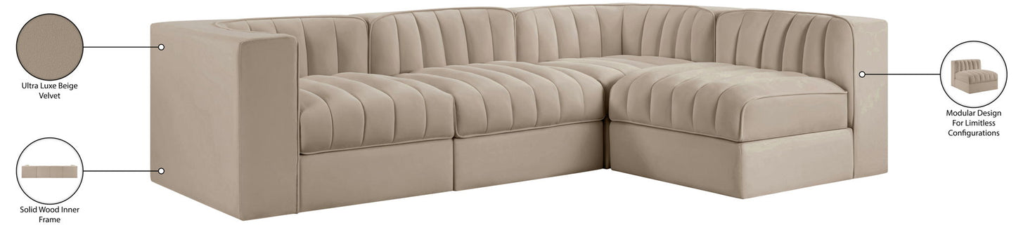 Rummi - Velvet Performance Fabric Upholstered 4 Piece Modular Sectional