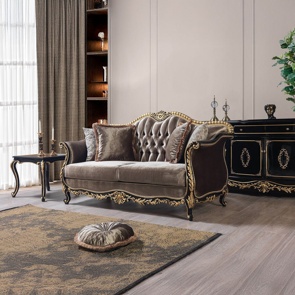 Betria - Loveseat With 4 Pillows - Light Green Velvet, Gold & Black High Gloss