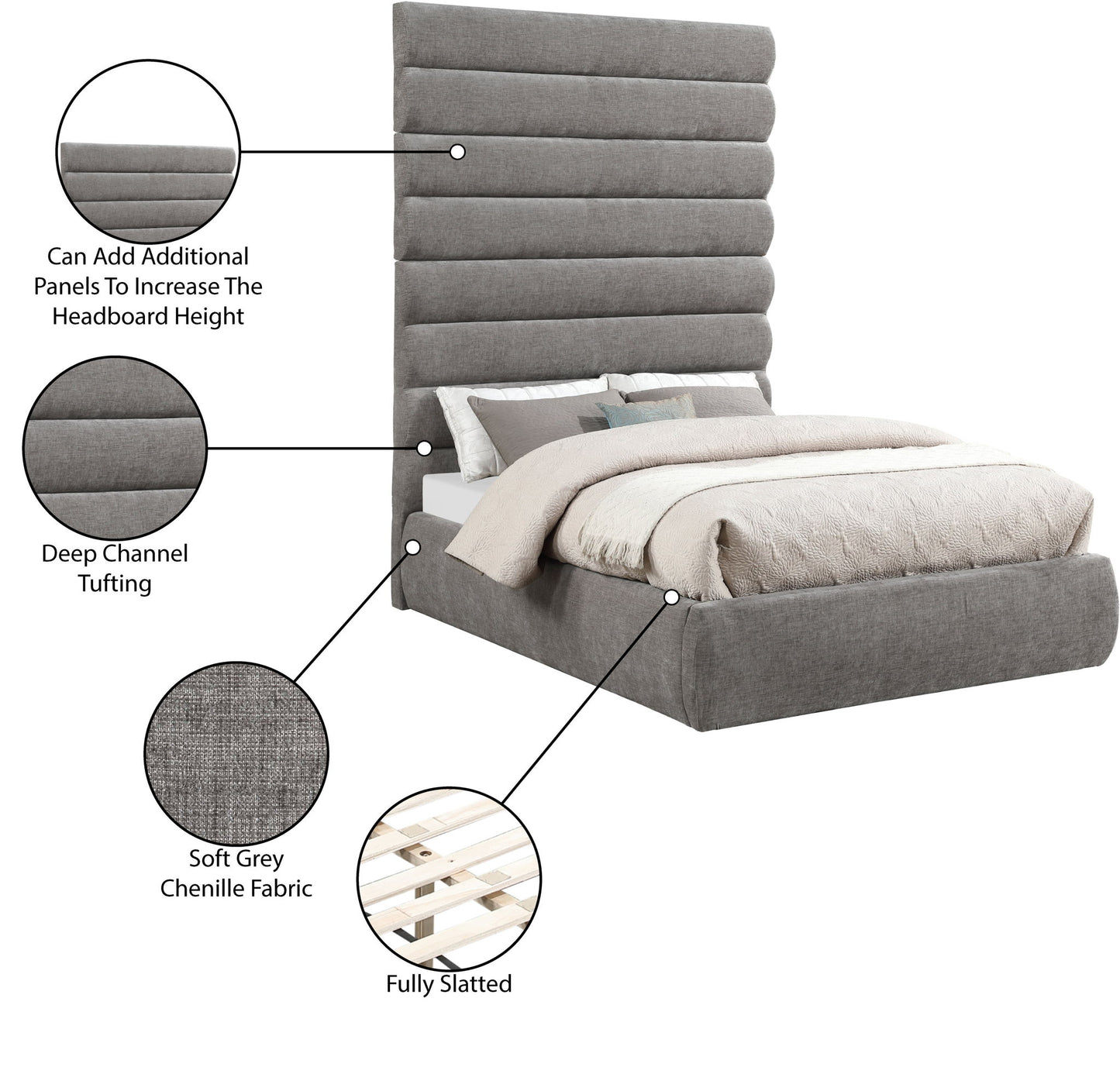Adam - Chenille Fabric Bed With 89" Headboard
