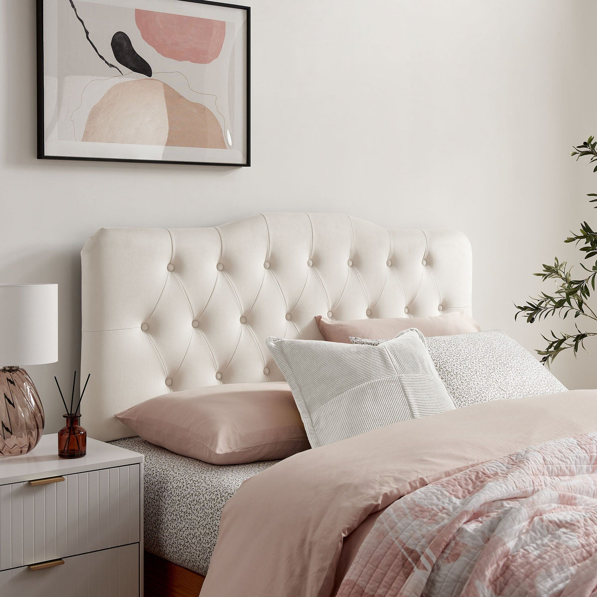 Annabel Diamond Tufted Performance Velvet Headboard - King, Alabaster