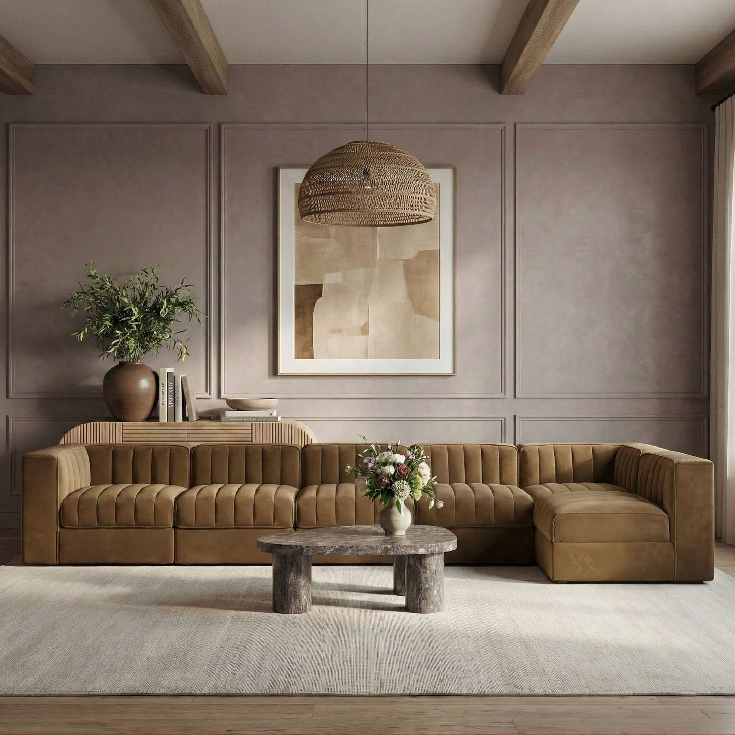 Rummi - Velvet Performance Fabric Upholstered 6 Piece Modular Sectional, L-Shaped (Right)