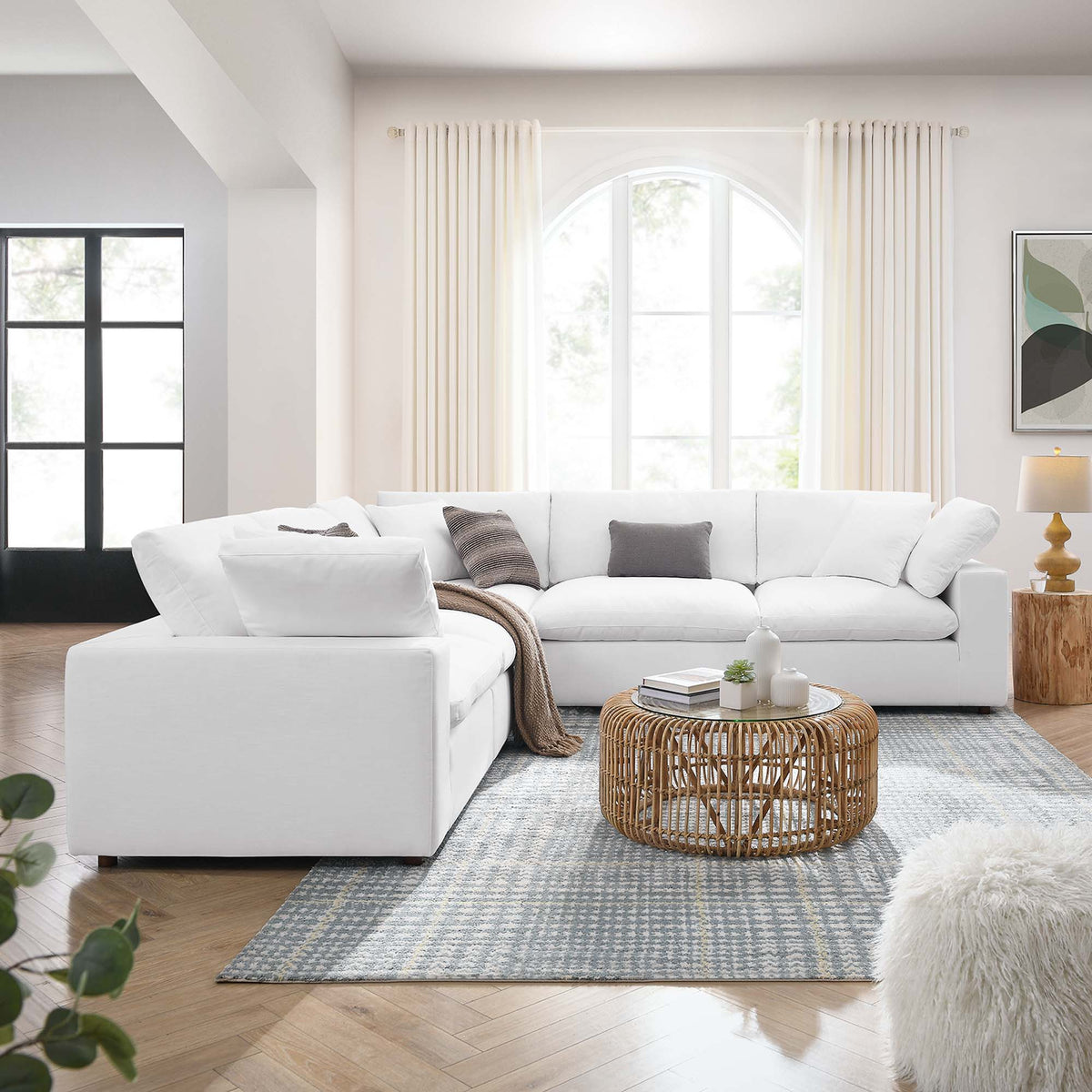 Commix 5 Piece Down Filled Overstuffed Sectional Sofa - Pure White