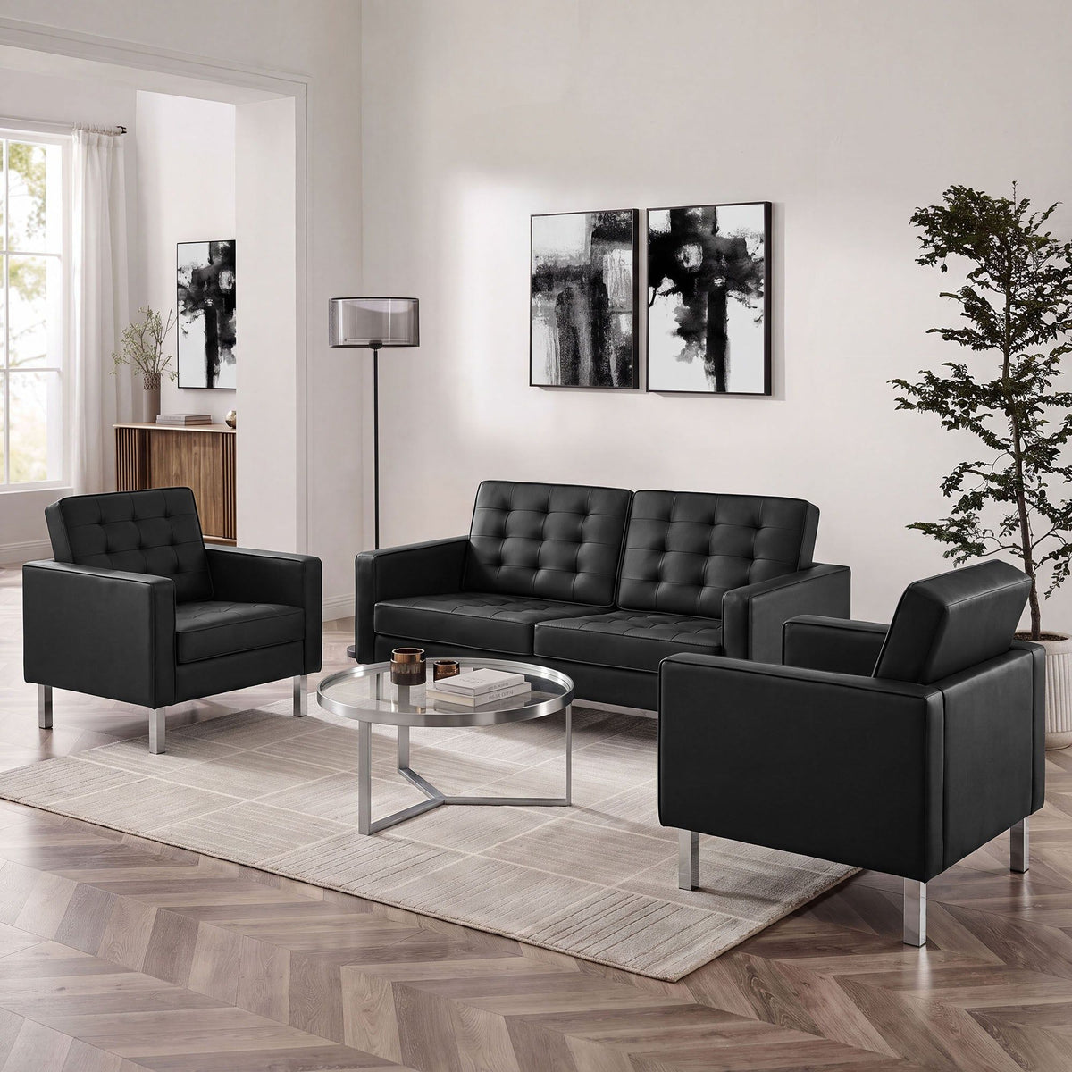 Loft 3 Piece Tufted Upholstered Faux Leather Set - Silver Black