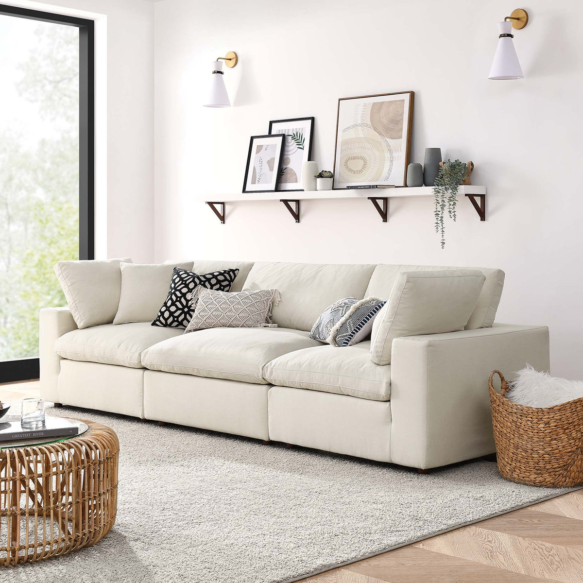 Commix 3 Piece Down Filled Overstuffed Sectional Sofa Set - Light Beige
