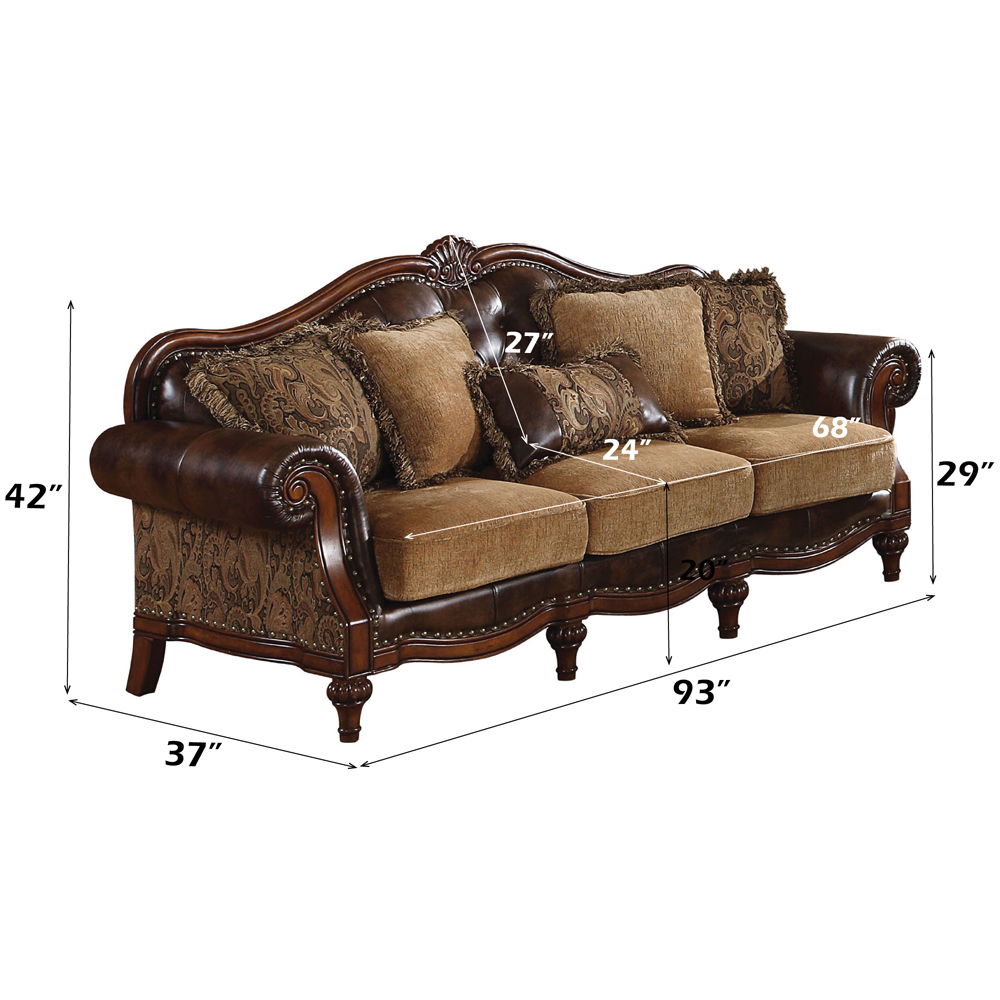 Dreena - Sofa With 5 Pillows - Two Tone Brown Synthetic Leather & Chenille Cherry