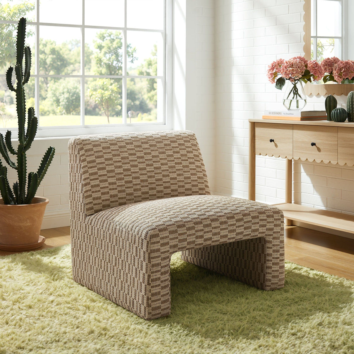 Amita Checked Woven Fabric Armless Accent Chair - Mineral