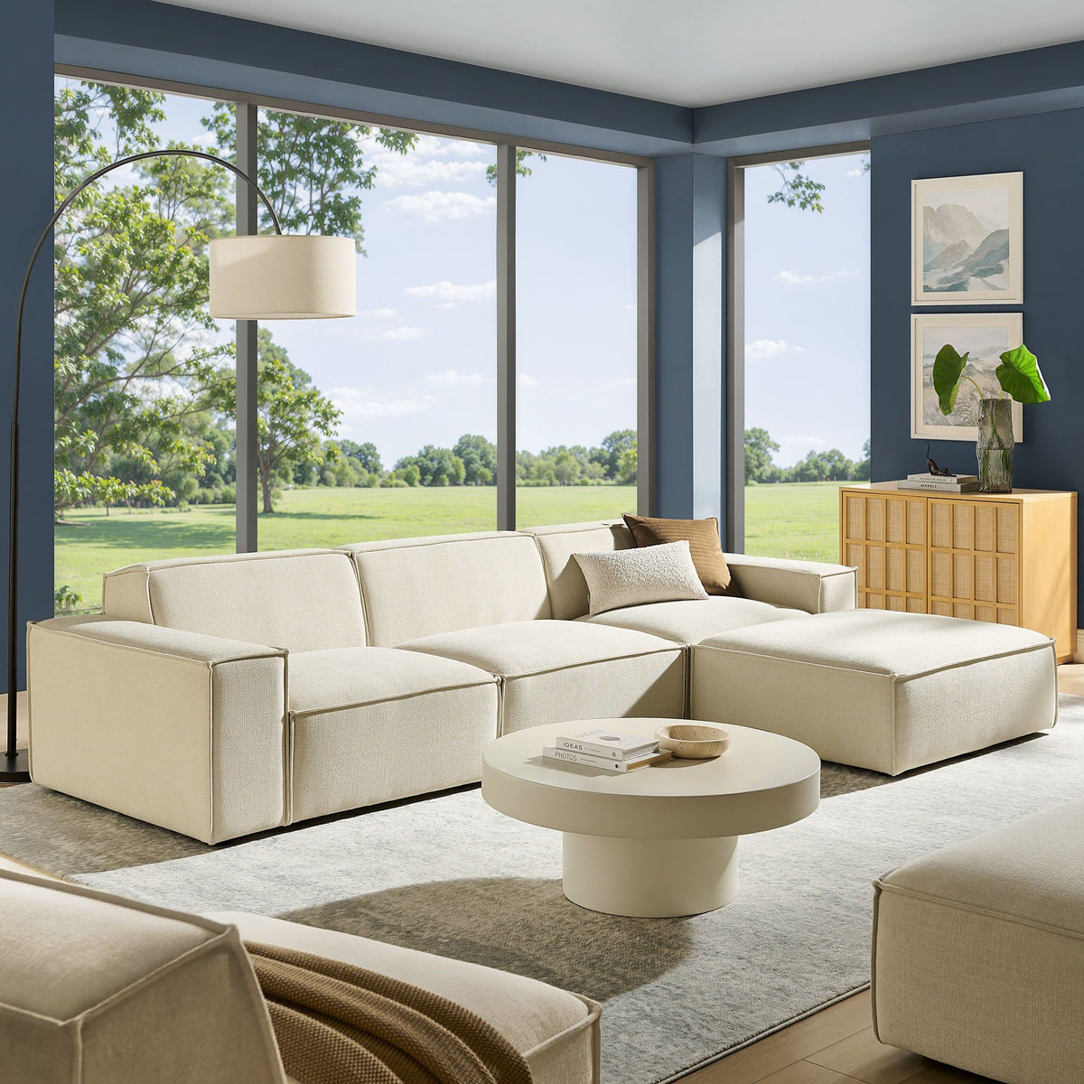 Restore 4-Piece Performance Fabric Upholstered Modular Sofa Set with Ottoman - Ecru