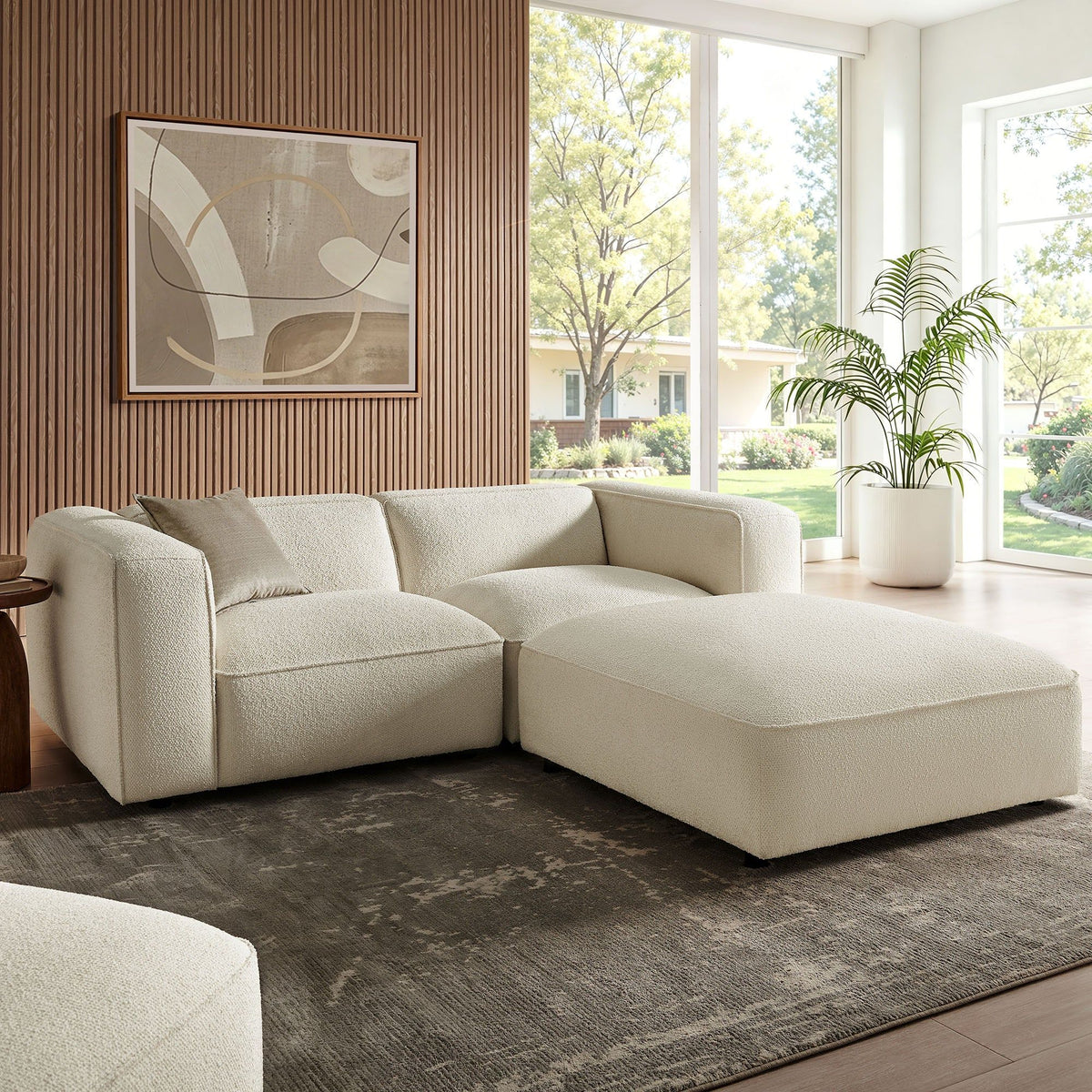 Auren 3 Piece Lattice Boucle Upholstered Modular Loveseat with Ottoman - Cream