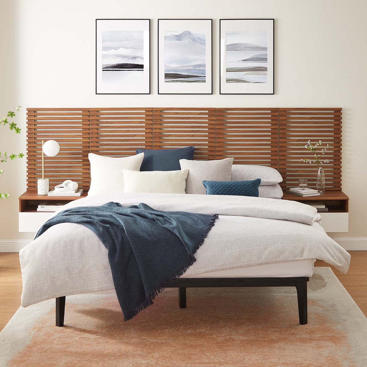 Render Wall Mount Headboard and Modern Nightstands - Queen, Walnut