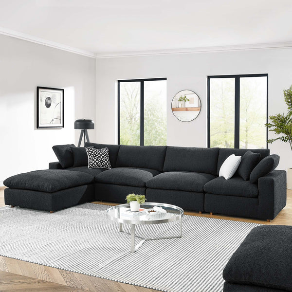 Commix Down Filled Overstuffed Boucle Fabric 5-Piece Sectional Sofa - Black