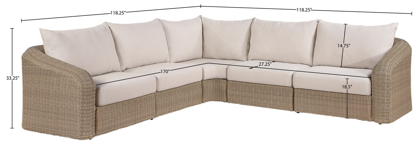 Seacrest - 123.25" Olefin Water Resistant Fabric And Wicker 5 Piece Outdoor Patio Modular Sectional
