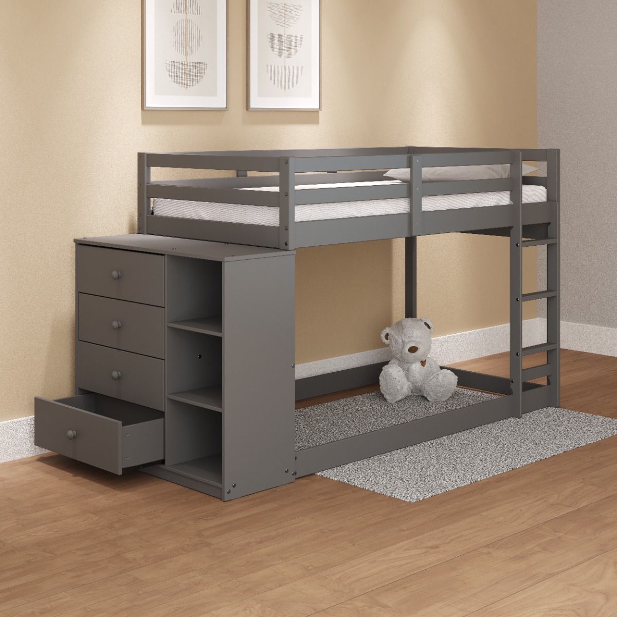 Gaston - Twin Over Twin Bunk Bed With 4 Drawers & 3 Compartments - Gray