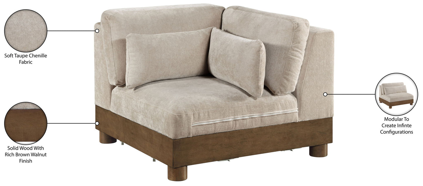 Turin - Chenille Fabric Upholstered Modular Corner Chair - Taupe / Brown Walnut