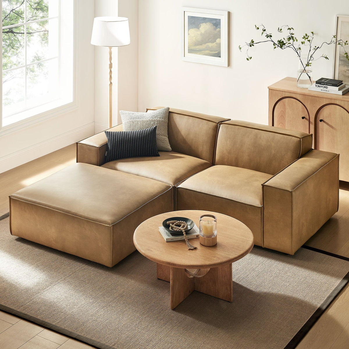 Restore 3-Piece Vegan Leather Modular Loveseat with Ottoman - Toast