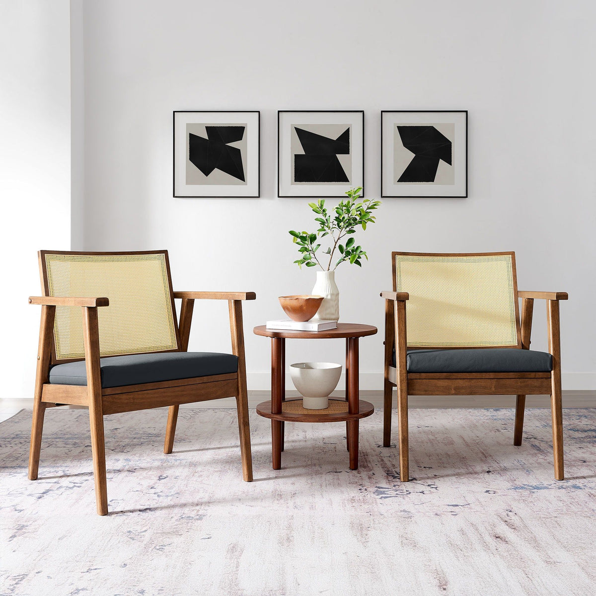 Thera Vegan Leather and Cane Accent Armchairs Set of 2 - Walnut Black