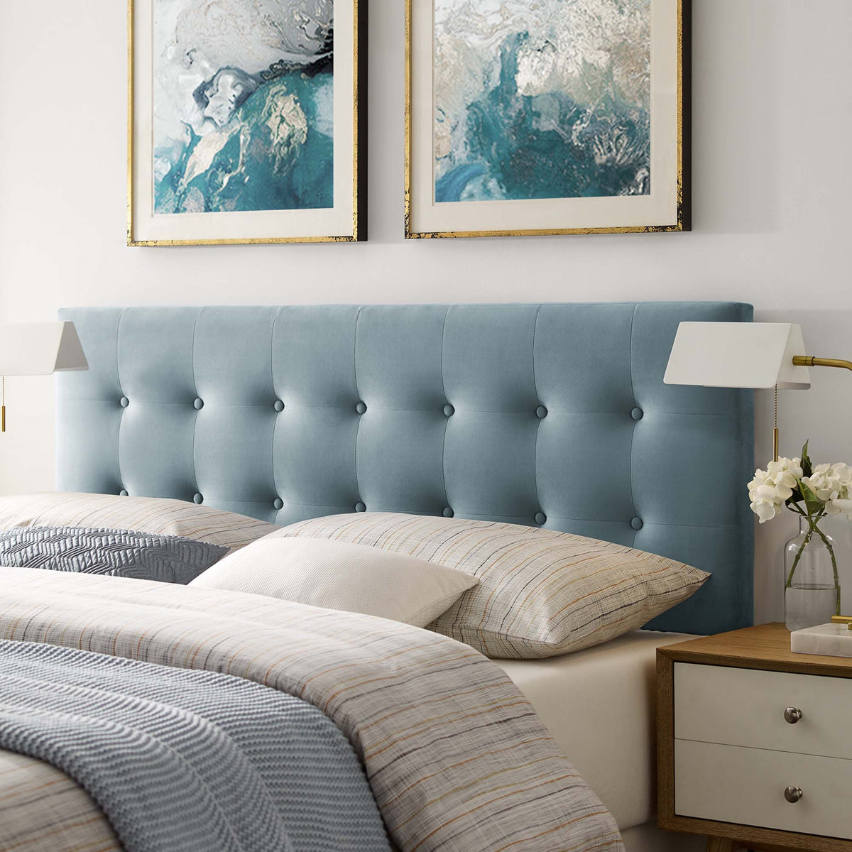 Emily Biscuit Tufted Performance Velvet Headboard - Queen, Light Blue