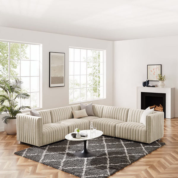 Conjure 5-Piece Channel Tufted Upholstered Fabric L-Shaped Sectional - Black Beige