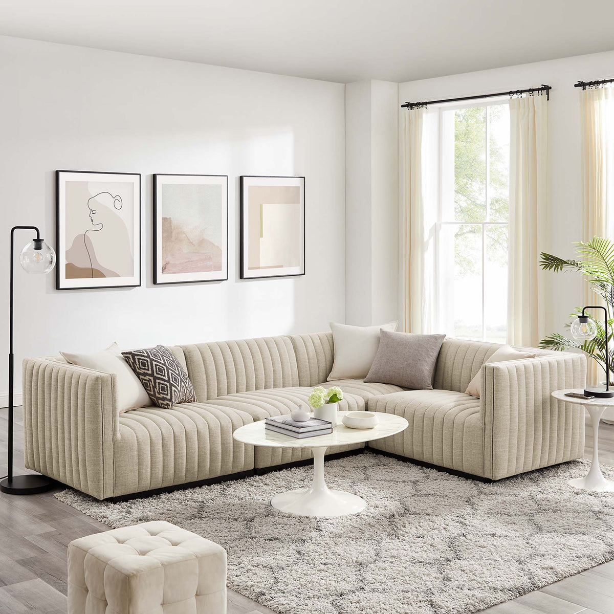 Conjure 4-Piece Channel Tufted Upholstered Fabric L-Shaped Sectional - Black Beige