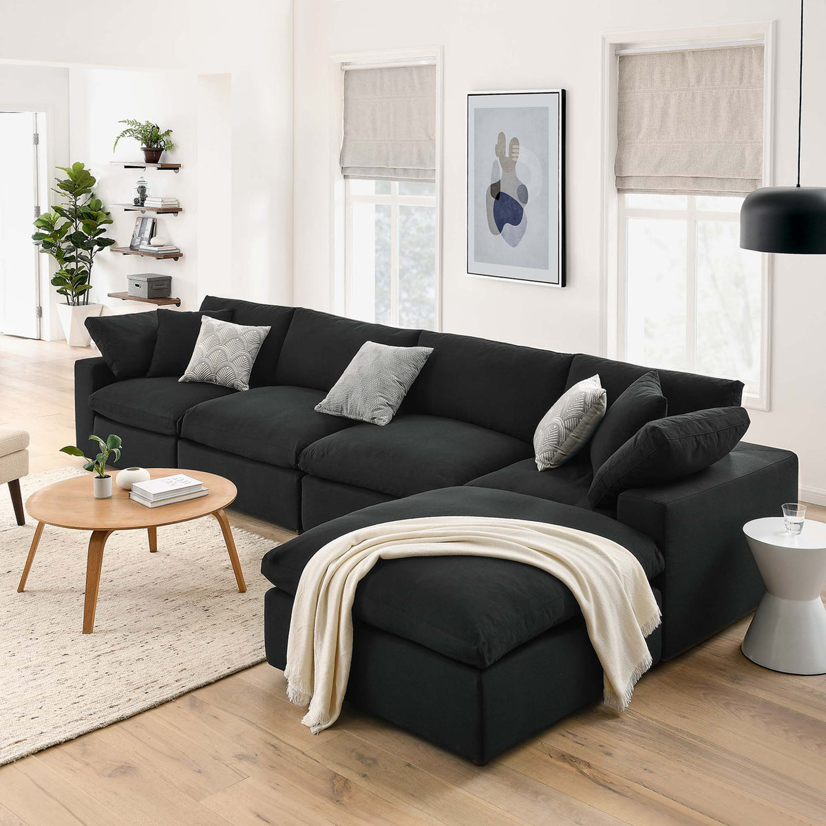 Commix 5 Piece Down Filled Overstuffed Sectional Sofa Set - Black