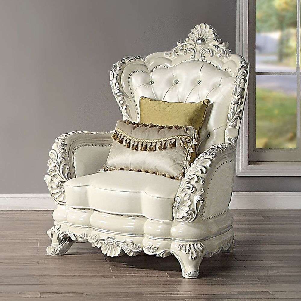 Adara - Chair With 2 Pillows - Pearl White Synthetic Leather & Antique White