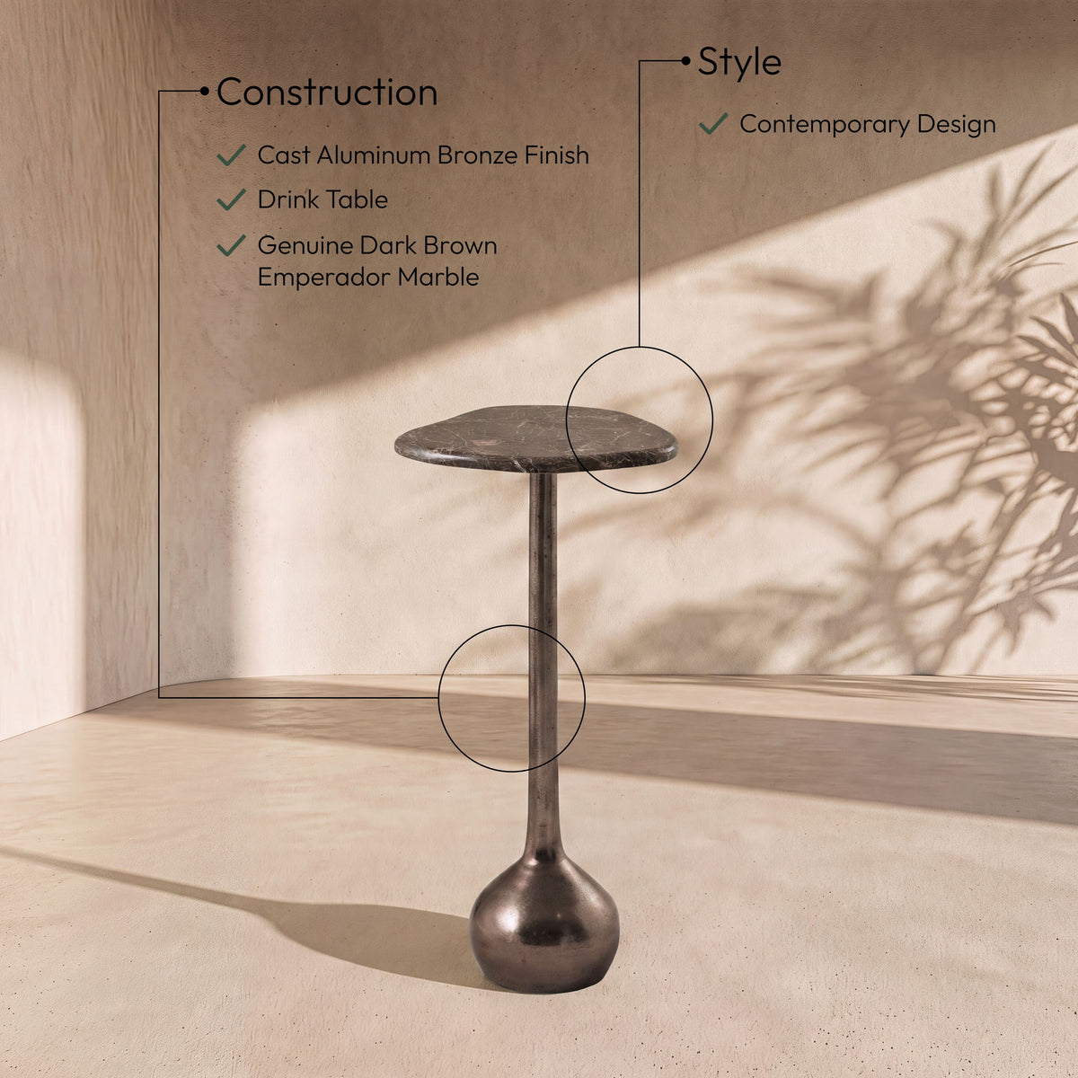 Vireo - Genuine Marble Top And Aluminum Base Drink Table - Brown / Bronze