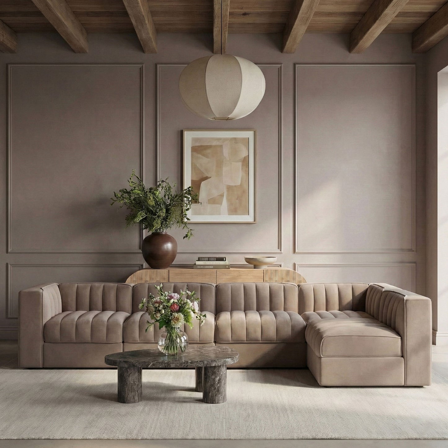 Rummi - Velvet Performance Fabric Upholstered 5 Piece Modular Sectional, L-Shaped (Right)