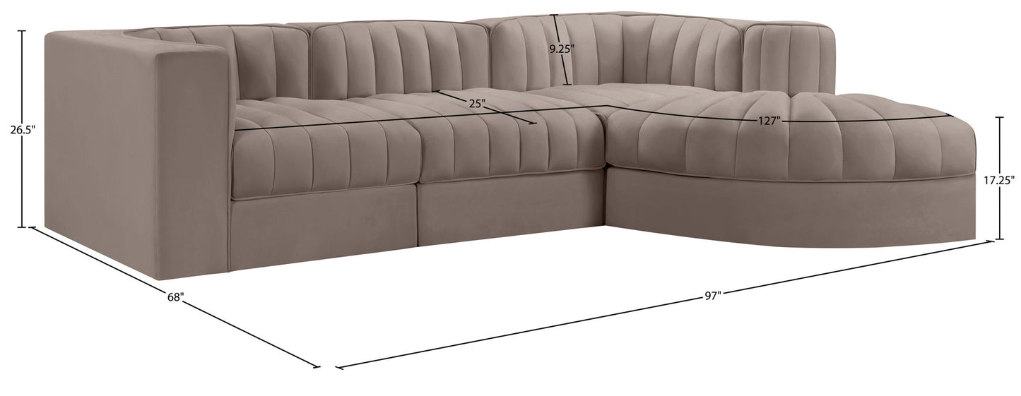 Rummi - Velvet Performance Fabric Upholstered 4 Piece Modular Sectional, With Reverse Corner Chair