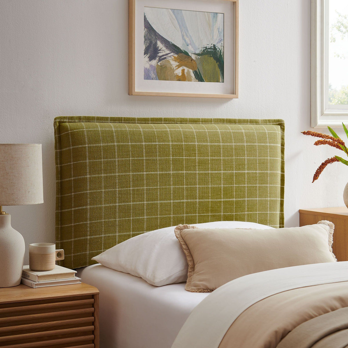 Camille Checkered Linen Blend Headboard - Twin, Artichoke Windowpane Check