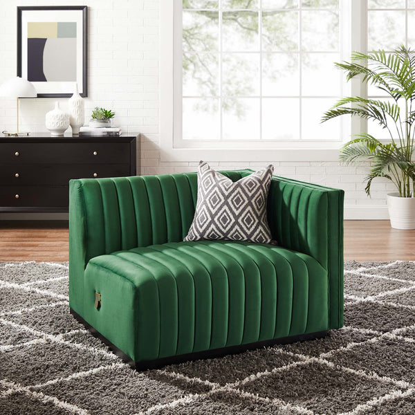 Conjure Channel Tufted Performance Velvet Right-Arm Chair - Black Emerald