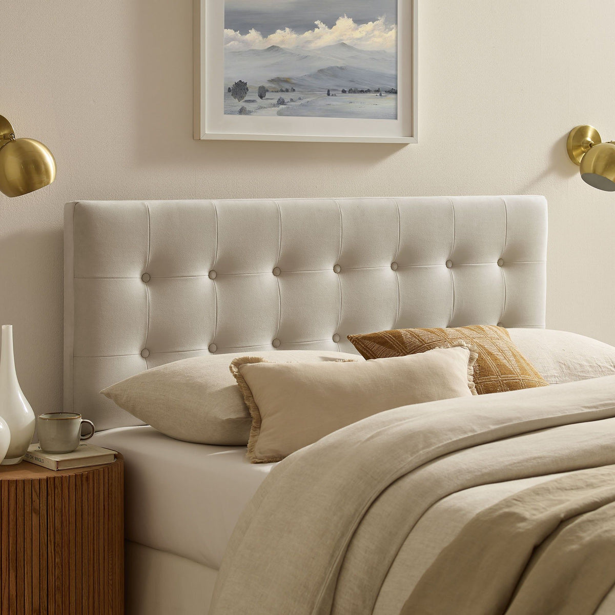 Emily Biscuit Tufted Performance Velvet Headboard - Queen, Alabaster