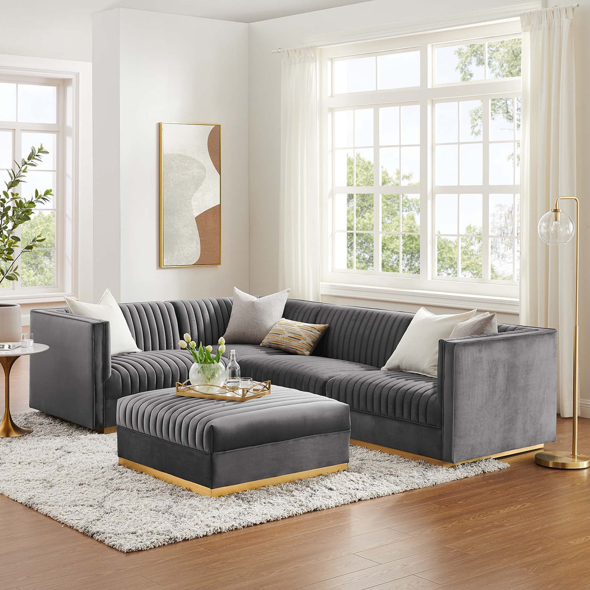 Sanguine 5-Piece Channel Tufted Performance Velvet Left-Facing Modular Sectional Sofa - Gray