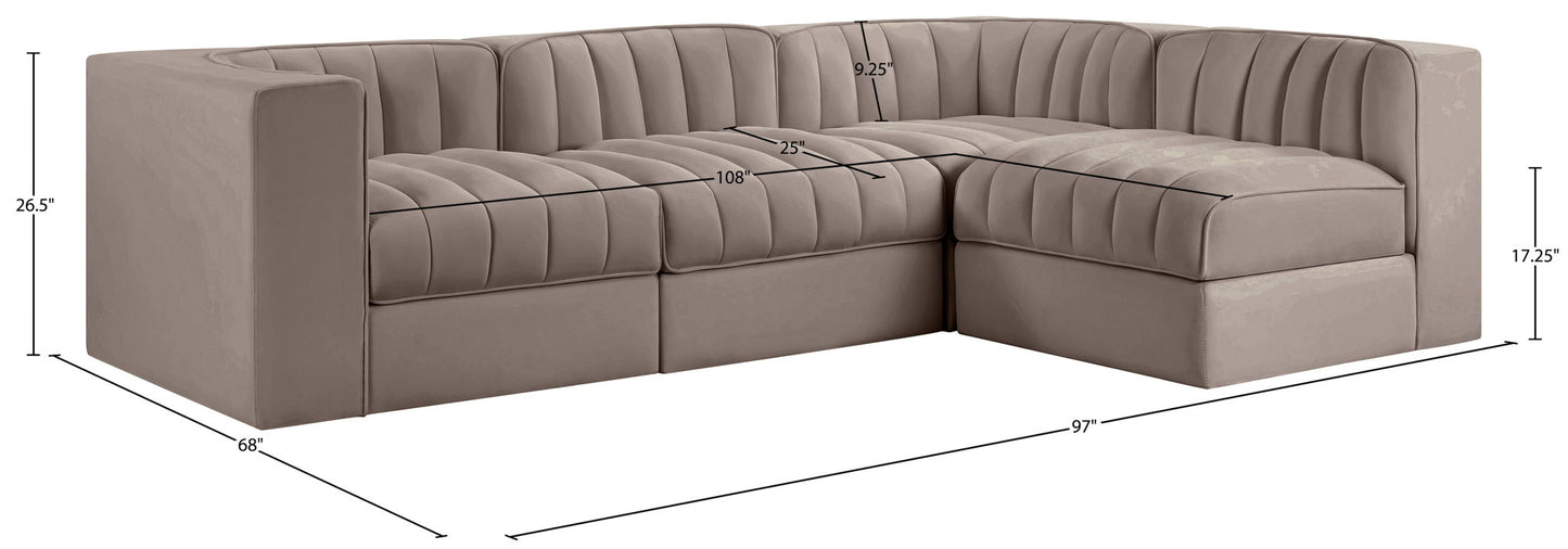 Rummi - Velvet Performance Fabric Upholstered 4 Piece Modular Sectional
