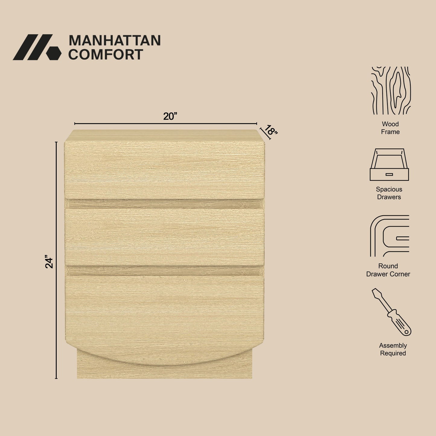 Manhattan Ardea - 3-Drawer Nightstand