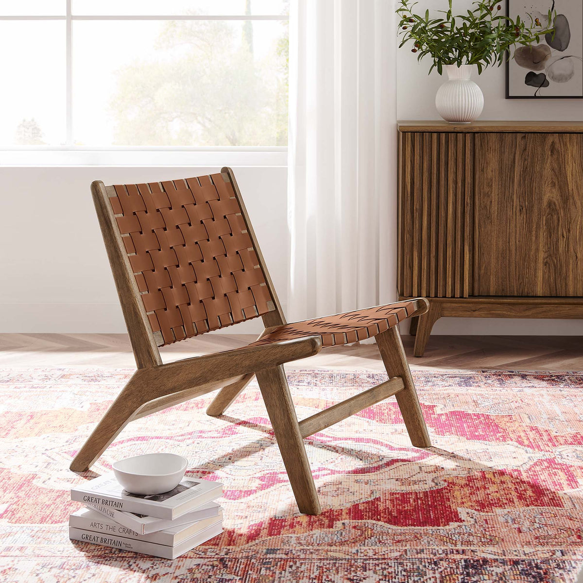 Saoirse Faux Leather Wood Accent Lounge Chair - Walnut Brown