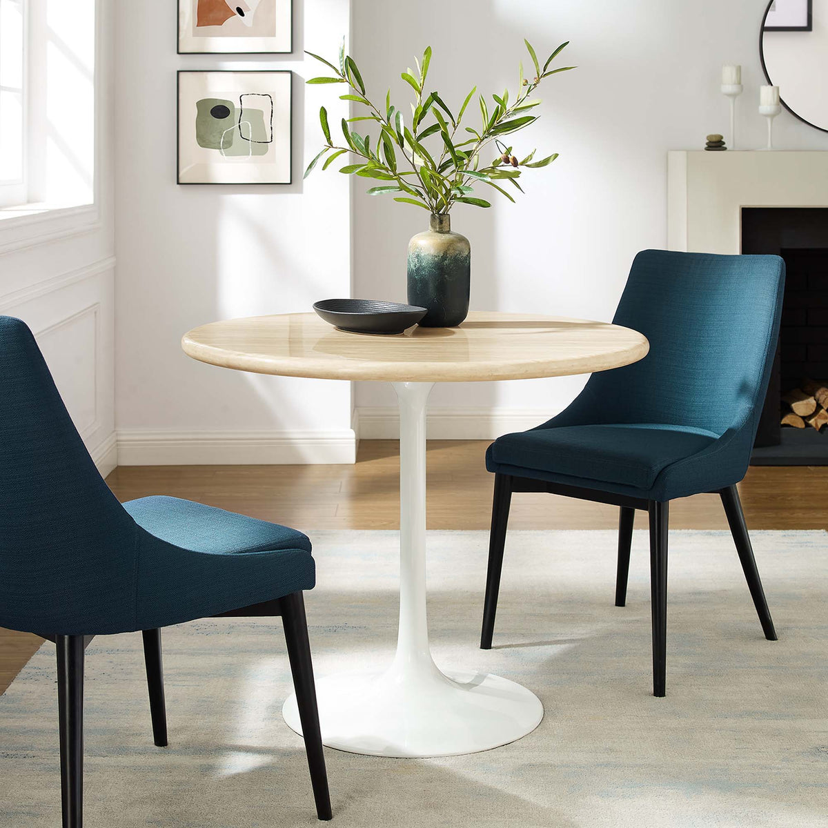 Lippa Round 36" Dining Table - Faux Travertine, White Travertine