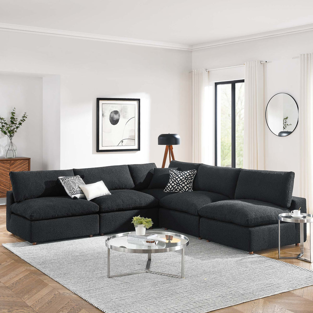 Commix Down Filled Overstuffed Boucle Fabric 5-Piece Sectional Sofa - Black