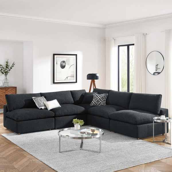 Commix Down Filled Overstuffed Boucle Fabric 5-Piece Sectional Sofa - Black
