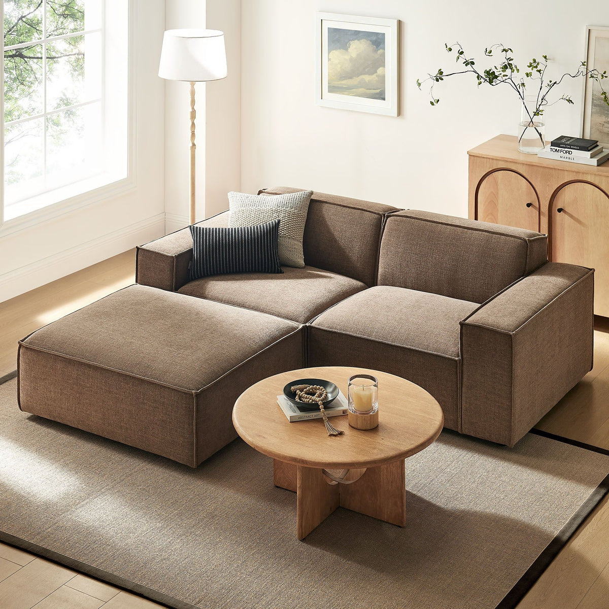 Restore 3-Piece Performance Fabric Upholstered Modular Loveseat with Ottoman - Mocha