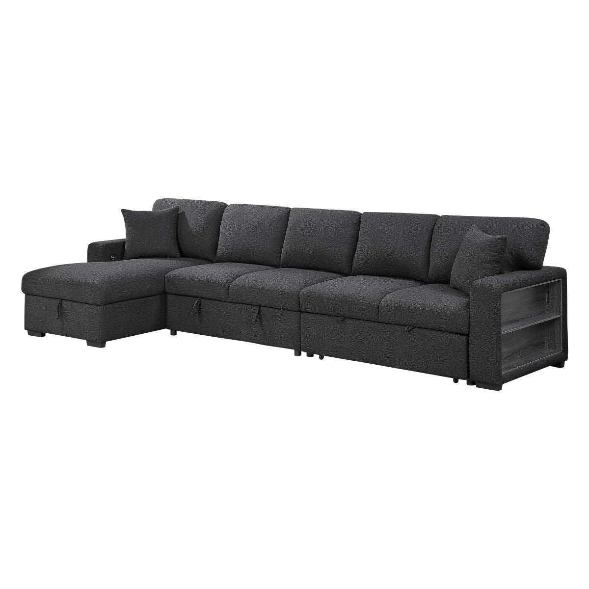 Pompano Sectional with Left Chaise, Pull-out Bed, Hidden Storages and Shelves, Charging Ports