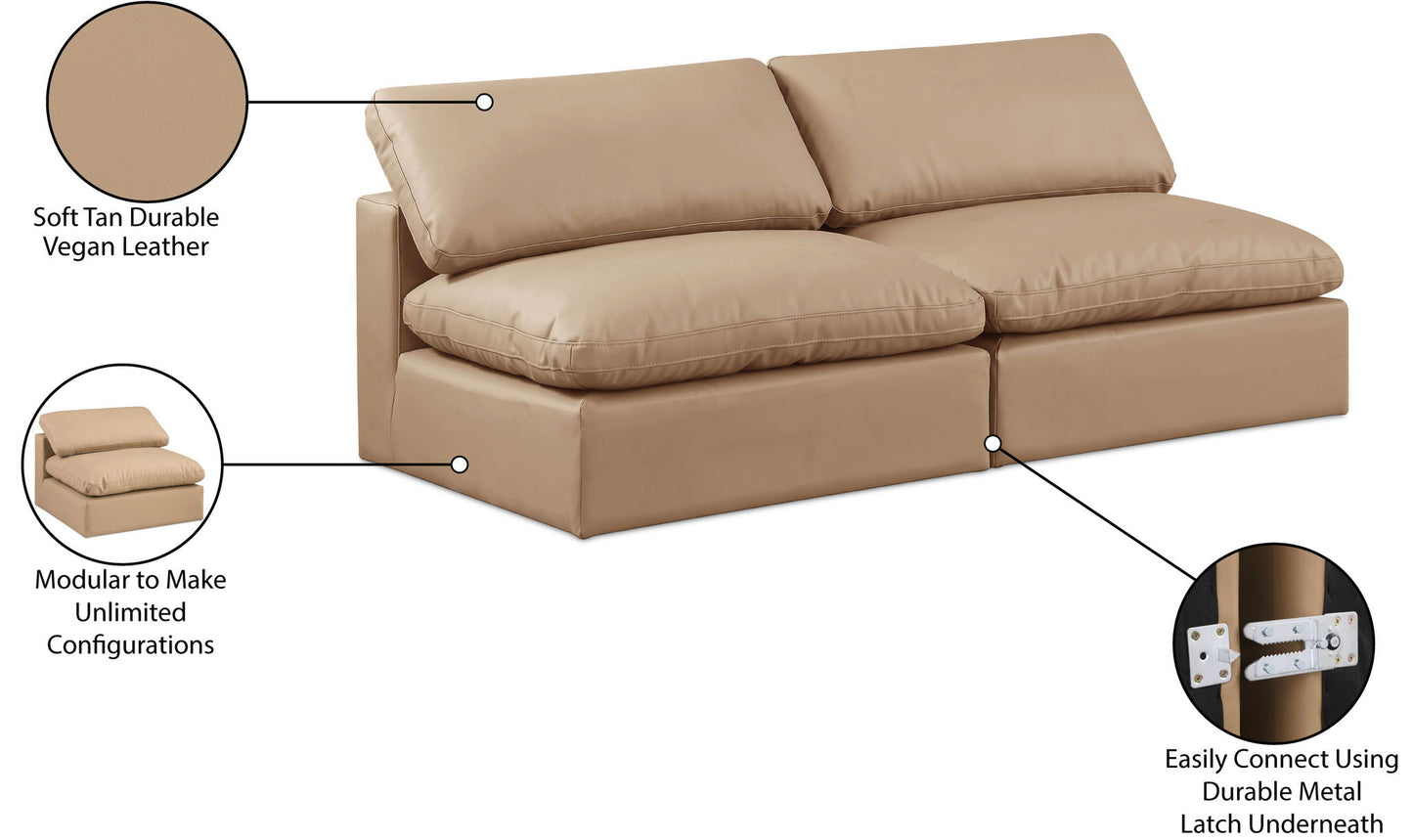 Comfy - Faux Leather Modular Armless Sofa 2 Pieces - Light Brown